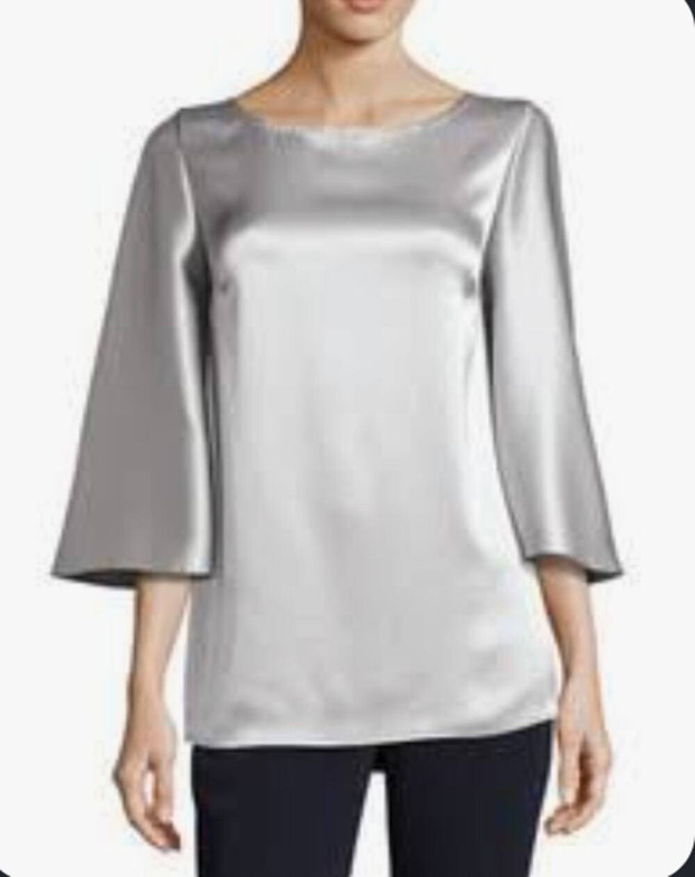 NWOT $795 St. John Collection Silver Liquid Satin Cape Sleeve Blouse